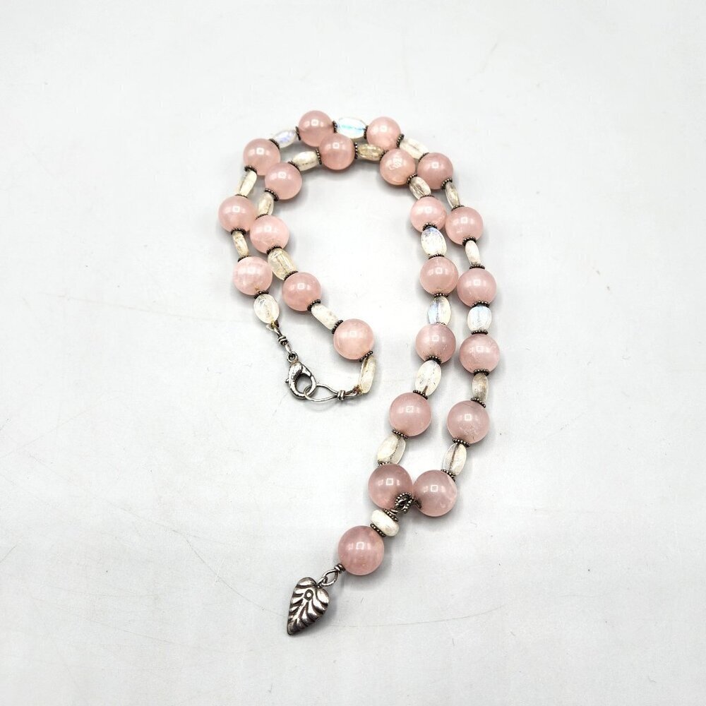Rose Quartz Beaded Necklace with Leaf Pendant